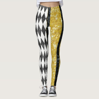 Leggings Classy Black White Gold Harlequin Diamond Argyle