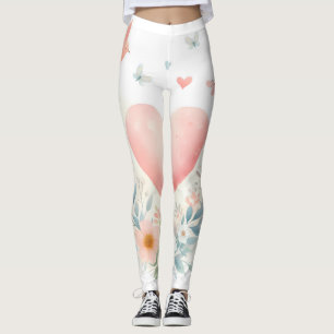 Leggings Cœur d'aquarelle douce Amour Fleurs Oiseaux