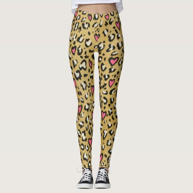 Leggings Coeur de coeur de léopard/de rose poster de animal (Devant)
