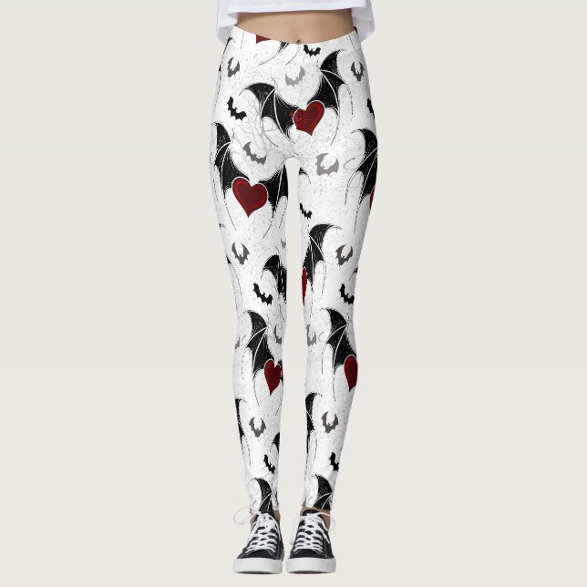 Leggings Coeur d'Halloween avec ailes de chauve-souris noir (Devant)