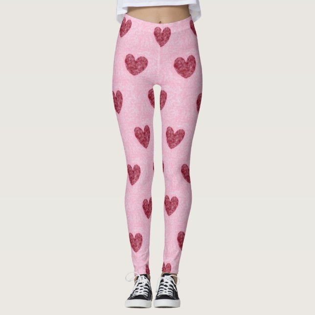 Leggings Coeurs Coeurs Rouges Sur Rose Faux Fuzzy Design (Devant)