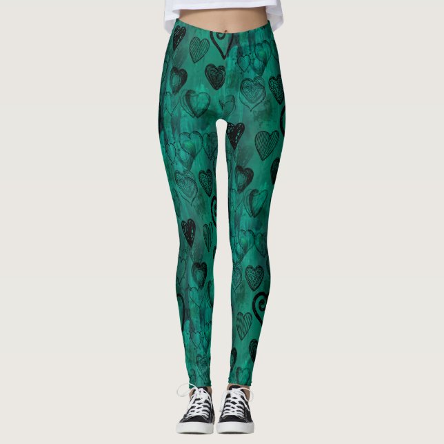 Leggings Coeurs de grunge de griffonnage de turquoise (Devant)