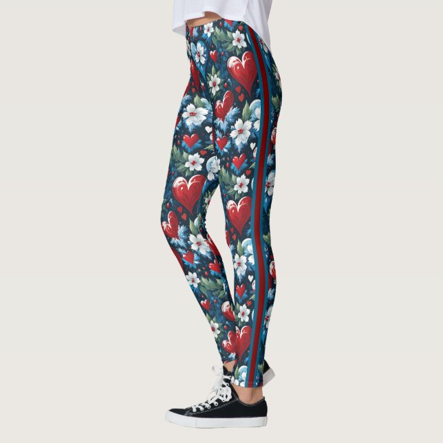 Leggings Coeurs de Noël floraux en bleu rouge et vert (Gauche)