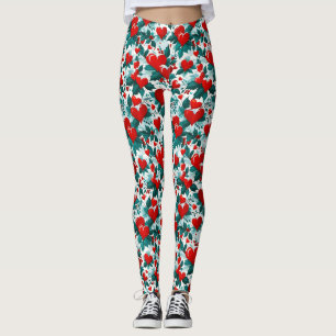 Leggings Coeurs de Noël neige rouge vert et blanc