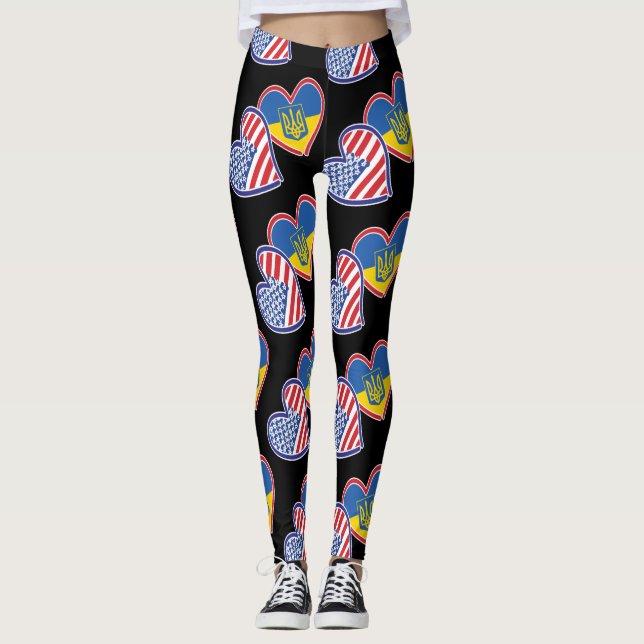 Leggings Coeurs du drapeau ukrainien et américain (Devant)