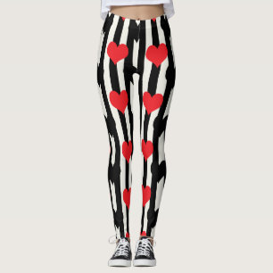 Leggings Coeurs Noirs Rouges Sur Bandes Blanches Noires