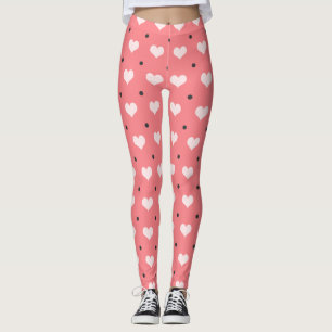 Leggings coeurs rouge-rose en pastel, motif de pois noir