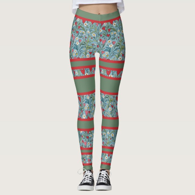 Leggings Coeurs rouges et marguerites avec des rayures de c (Devant)