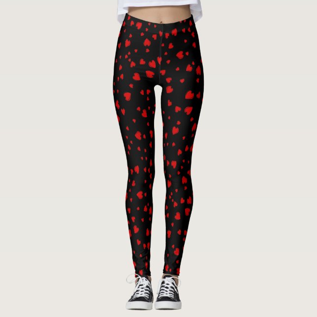 Leggings Coeurs rouges Motif flottant sur noir (Devant)
