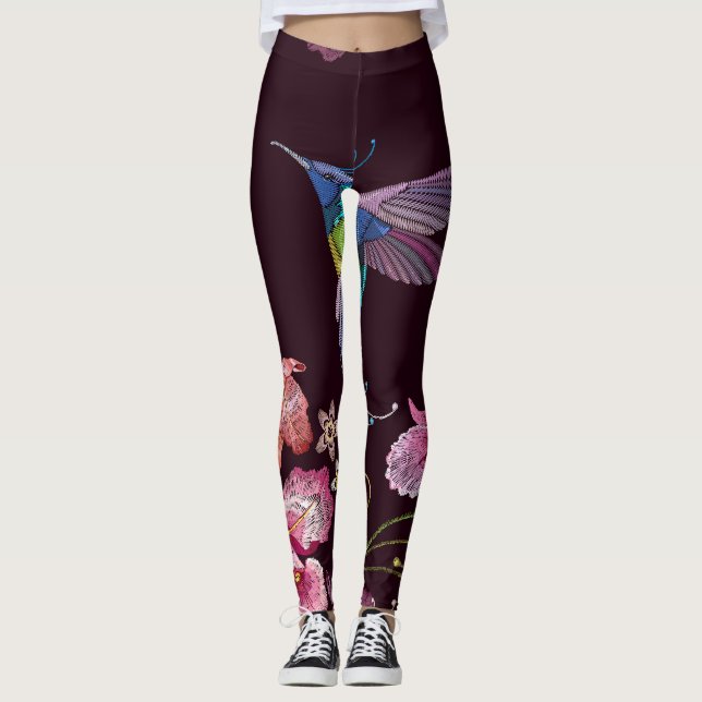 Leggings Colibri et orchidée, mode sans couture tropicale. (Devant)
