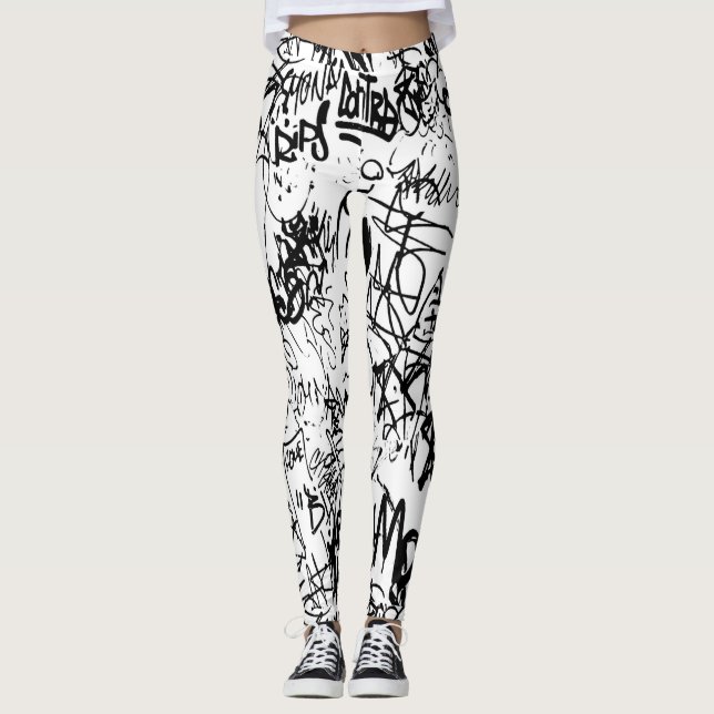Leggings Collage Abstrait de graffiti noir et blanc (Devant)