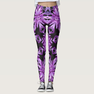Leggings Collants, fleurs de kaléidoscope violettes et noir