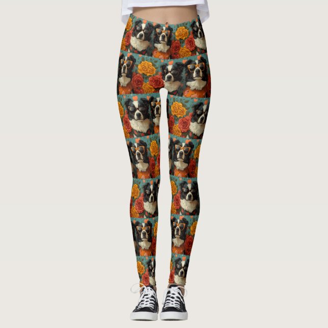 Leggings Collie frontalier avec coeur Roses Saint-Valentin (Devant)