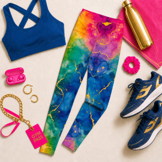 Leggings Conception de design aquarelle bleu or vibrant
