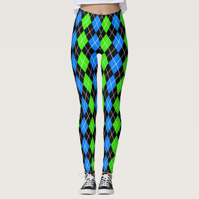 Leggings Conception de diamant Argyle bleu vert noir (Devant)