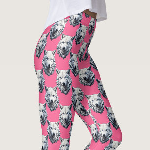 Leggings Conception de motif de tête de loup blanc rose 