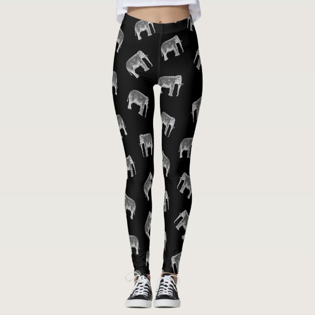 Leggings Conception noire et blanche de rétro d'éléphant (Devant)