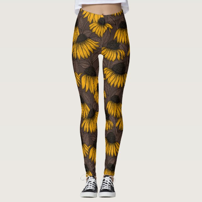 Leggings Confleurs jaunes sur brun foncé (Devant)