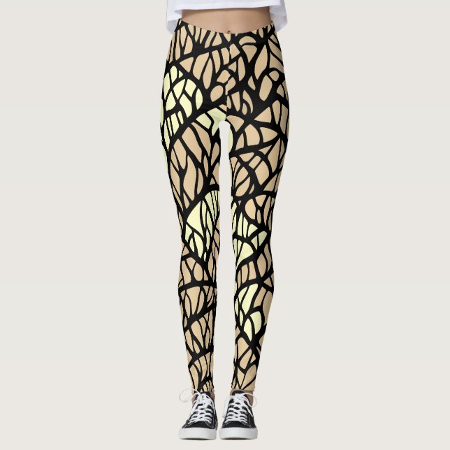 Leggings Cool Abstrait Géométrique Beige Black Lines Motif (Devant)