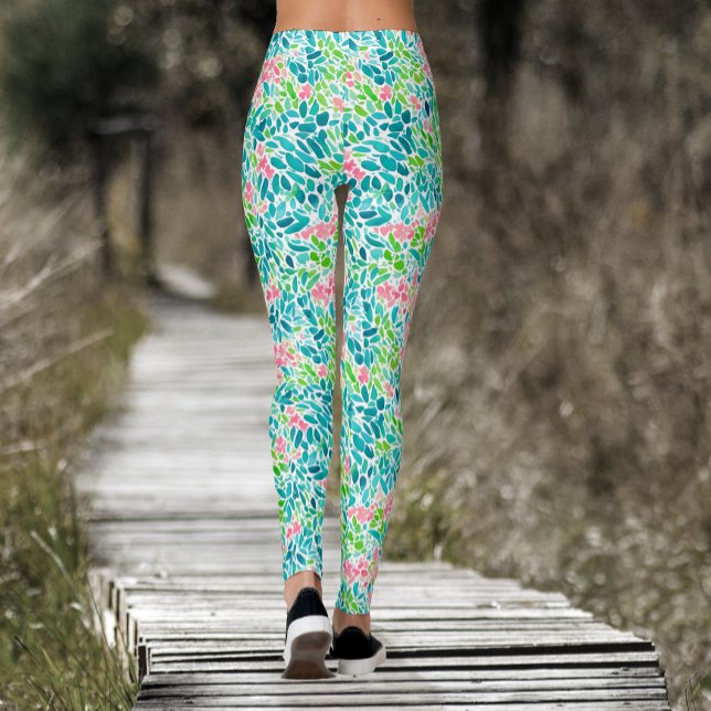 Leggings Cool Turquoise Floral Botanique Aquarelle Motif (Créateur téléchargé)