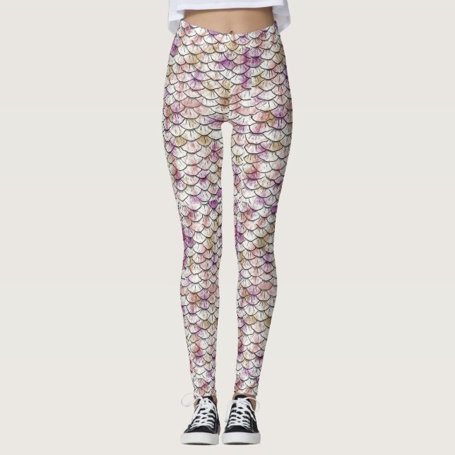 Leggings Copie blanche rose d'échelle de sirène (Devant)