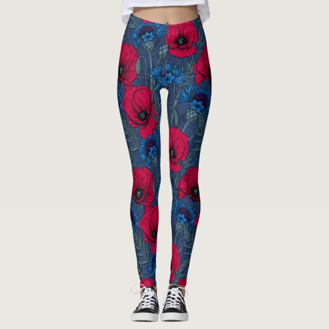 Leggings Coquelicots rouges et fleurs bleues sur bleu (Devant)