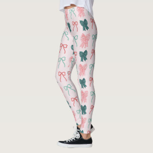 Leggings Coquette-core Rouge & Vert Rubans Rose Noël