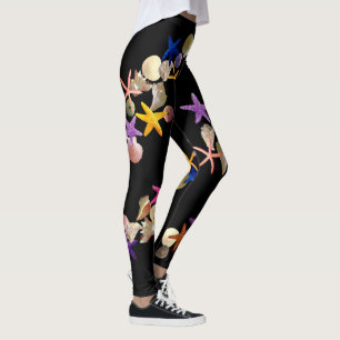 Leggings Coquillages et étoiles de mer sur le noir -
