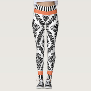Leggings Corail et noir blanc damassé motif & rayures