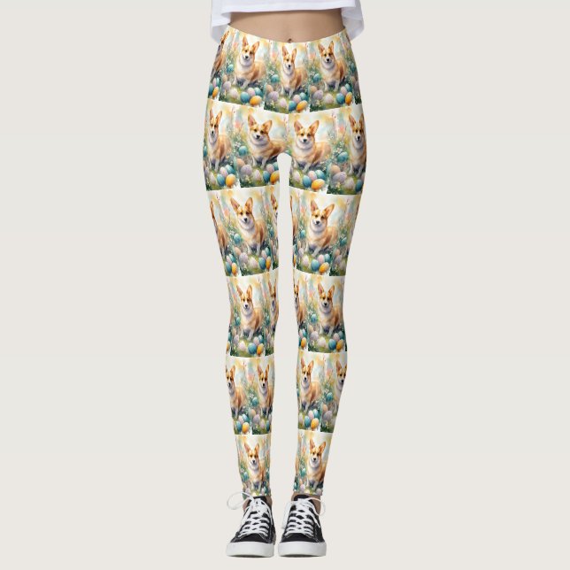 Leggings Corgi avec les oeufs de Pâques (Devant)