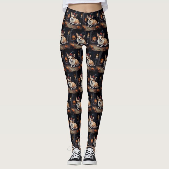 Leggings Corgi Citrouille Halloween effroi (Devant)