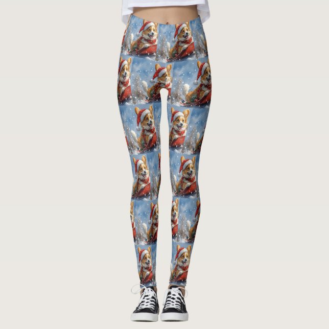 Leggings Corgi Dog in Sledge laissez passer Noël (Devant)