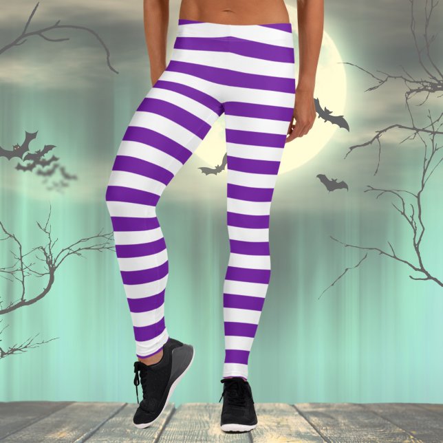 Leggings Costume d'Halloween rayé violet et blanc (Purple and White Striped Leggings for Women, Halloween leggings, Holiday Leggings, Costume Party)