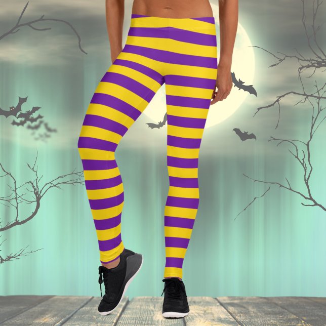 Leggings Costume rayé violet et jaune (Womens Festive Leggings, Halloween Costume Leggings with Stripes, Purple and Yellow striped leggings)