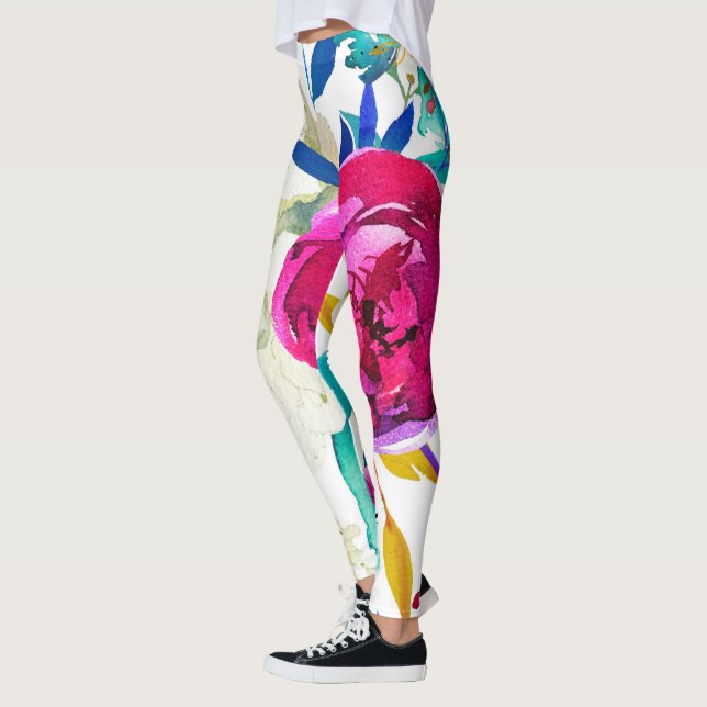 Leggings Couleur Aquarelle Fleurs Florales Personnalisées (Gauche)