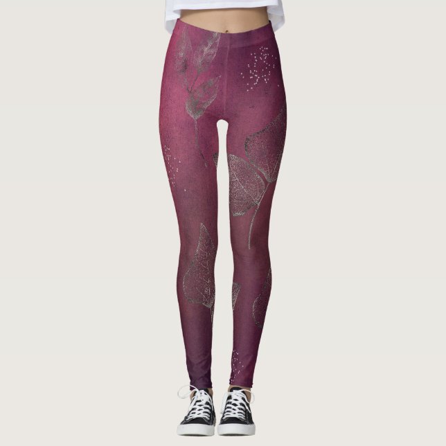 Leggings Cranberry & Faux Légumineuses Feuilles en argent (Devant)