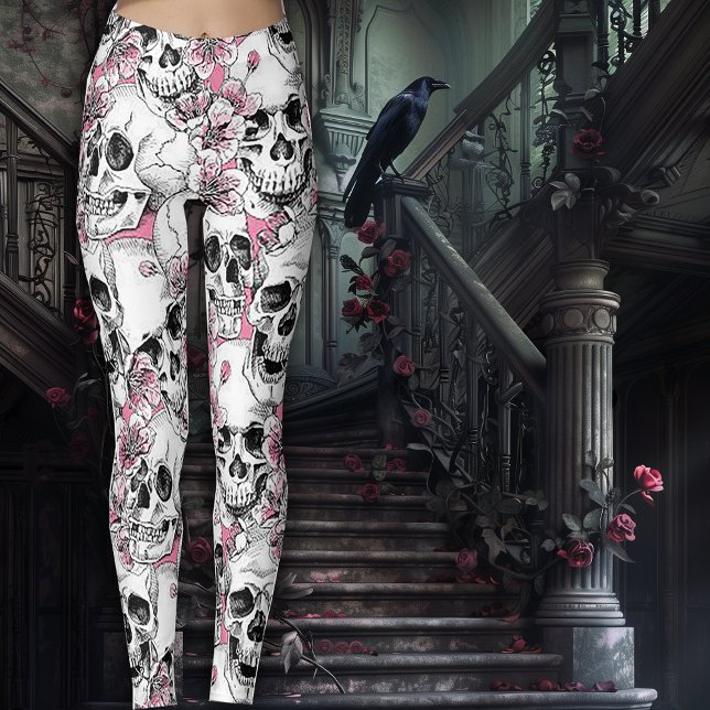 Leggings Crânes aux fleurs roses (Créateur téléchargé)