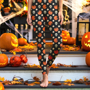Leggings Crânes, citrouilles et fleurs d'Halloween noirs
