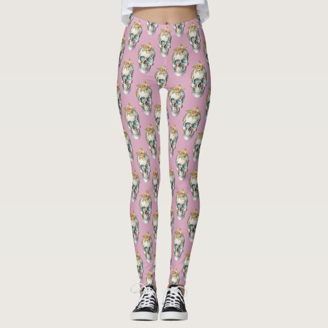 Leggings Crânes de fleurs - Rose poussiéreux - (Devant)
