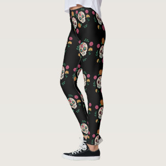 Leggings Crânes de sucre et fleurs du Jour des morts en noi