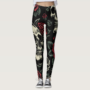 Leggings Crânes et roses rouges Floral gothique