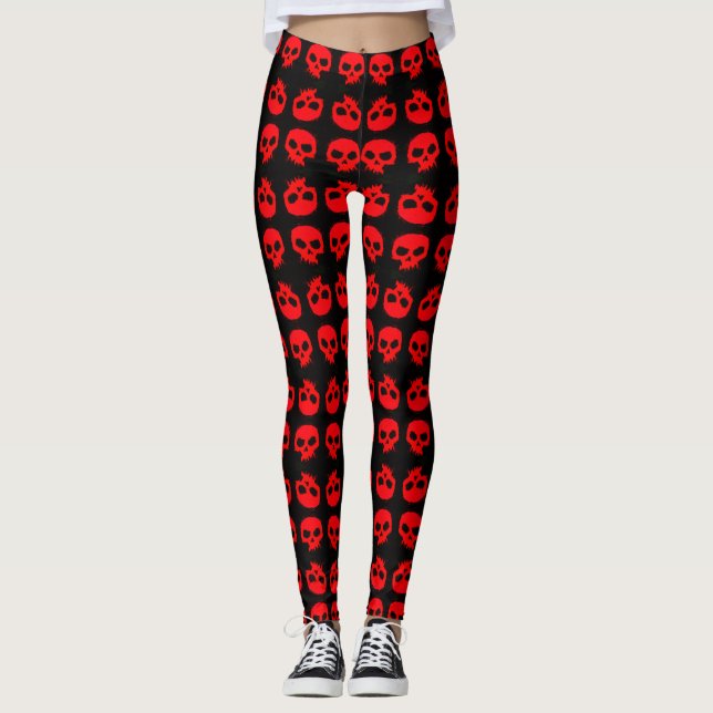 Leggings Crânes Red Grunge tendance sur pattes noires (Devant)