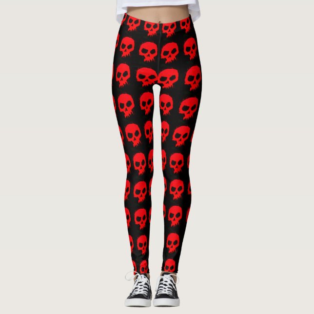 Leggings Crânes rouges gothiques sur pattes de style noir (Devant)