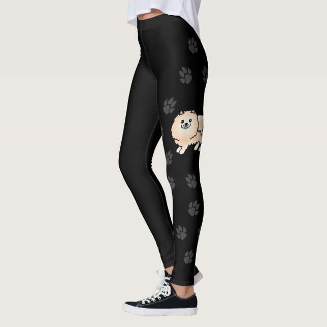 Leggings Cream Pomeranian mignon Cartoon Chien et Pâtes (Gauche)