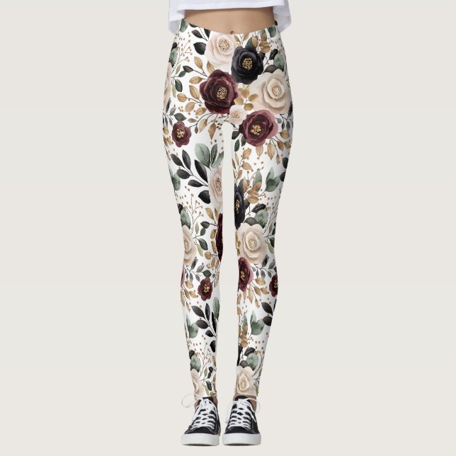 Leggings Crème Bourgogne Floral noir (Devant)
