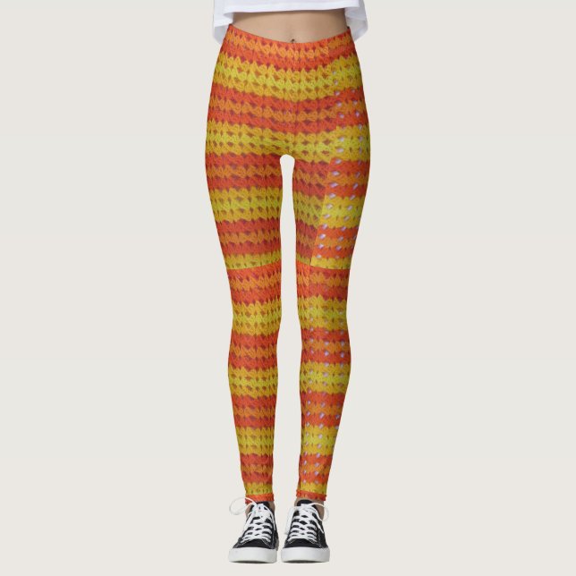 Leggings - Crochet Stripes in Orange and Yellow (Front)