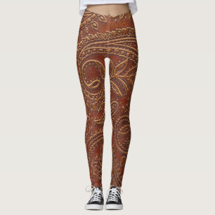 Leggings Cuir Brown, motifs floraux à outils.