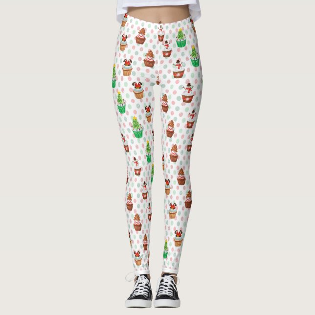 Leggings Cupcakes Festifs Yummy sur Pois rouge et vert (Devant)