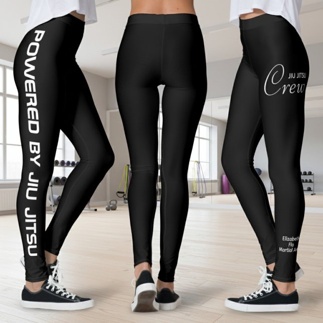Leggings Custom Print Jiu Jitsu Crew Black Spats (Black Jiu Jitsu leggings. Fitness studio background.)