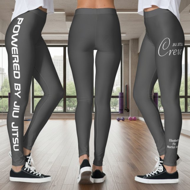 Leggings Custom Print Jiu Jitsu Crew Grey Spats (Grey powered by jiu jitsu leggings. Fitness studio background.)